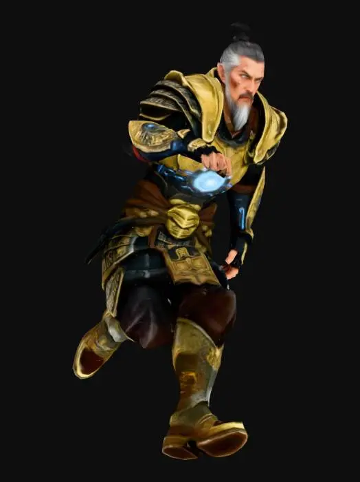 3D model for 一个全身像的3D游戏角色，战士，男性，身材魁梧肌肉发达。
身穿融合了古代中式铠甲与科幻元素的战甲，肩甲厚重，胸甲有能量核心。
面部坚毅，带有战斗伤痕，短发，眼神锐利。
姿态为正面战力，双手两侧平伸，不持武器。
场景是破碎的战场废墟，硝烟弥漫。
风格为虚幻引擎5渲染，电影级光影，细节丰富的PBR材质，景深效果，体积光，身体肌肉部分无pbr。
--ar 16:9 --quality 2 --style raw