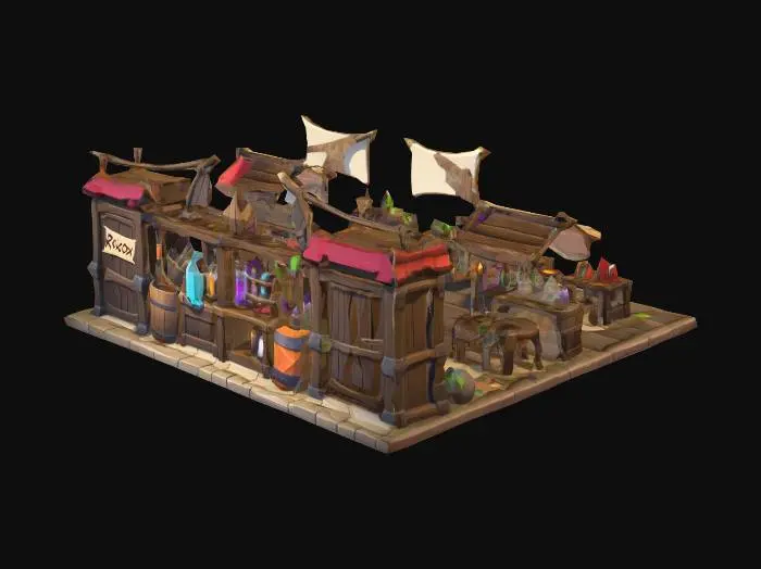 3D model for Create a stylized low-poly fantasy merchant shop area for a Roblox RPG game, featuring a playful and cartoony aesthetic with simple geometric shapes. The scene should include multiple distinct merchant stalls for weapons, potions, and cosmetics, each defined by unique banners, colors, and shop signs. Decorate the environment with wooden crates, barrels, rugs, hanging lanterns, and shelves stocked with items, connected by stone paths and floor tiles. Add magical details like open chests, potion bottles, and glowing crystals on counters. The style should be bright and colorful with low saturation, emphasizing clear silhouettes and a modular design without high-poly textures or realism.