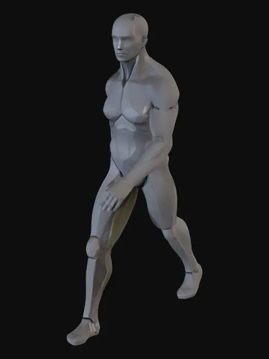 3D model for Create a stylized, modular 3D character for 3D printing as an STL, inspired by https://www.fab.com/listings/f4b79ab2-213e-4d51-8fed-bdbcf9325a34. Design a low-poly humanoid (50,000–100,000 polygons) with interchangeable parts (head, torso, arms, legs) for customization. Ensure manifold, watertight geometry, a flat base for stability, and no overhangs above 45 degrees for support-free printing. Add texture-friendly details (seams, fabric patterns) for easy recoloring. Rig for Epic Skeleton (UE5) with extra bones, including 10 static poses. Style: vibrant, cartoonish, slightly asymmetrical, game-ready. Optimize for Unreal Engine 5 and printing.