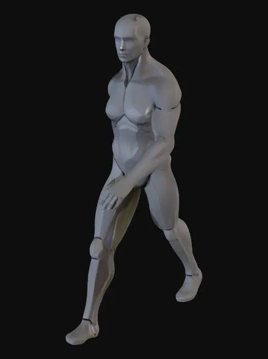 3D model for Create a stylized, modular 3D character for 3D printing as an STL, inspired by https://www.fab.com/listings/f4b79ab2-213e-4d51-8fed-bdbcf9325a34. Design a low-poly humanoid (50,000–100,000 polygons) with interchangeable parts (head, torso, arms, legs) for customization. Ensure manifold, watertight geometry, a flat base for stability, and no overhangs above 45 degrees for support-free printing. Add texture-friendly details (seams, fabric patterns) for easy recoloring. Rig for Epic Skeleton (UE5) with extra bones, including 10 static poses. Style: vibrant, cartoonish, slightly asymmetrical, game-ready. Optimize for Unreal Engine 5 and printing.