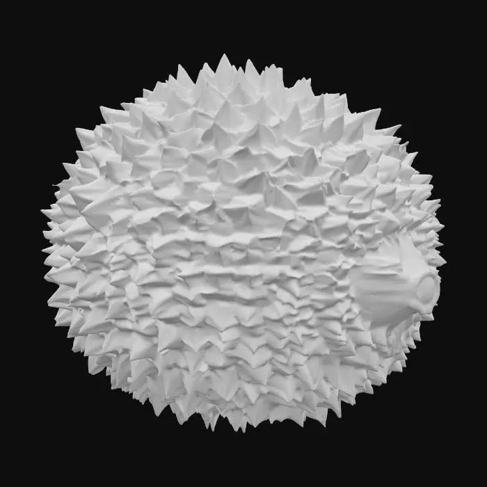 3D model for A highly detailed, realistic 3D model of a whole durian fruit, optimized for easy 3D printing as an STL file. The exterior husk is covered in sharp, pyramidal thorns with intricate textures, varying in size and density for a natural look—larger thorns at the base tapering to smaller ones at the top. Include subtle veins and ridges on the husk surface for added realism and easy texturization. The overall shape is oval and slightly asymmetrical, about 20-25 cm long, with a sturdy, flat base for stable printing without supports. Ensure the model is solid, manifold, watertight, and high-poly (at least 1 million polygons) for fine details, but with optimized geometry to avoid excessive overhangs or thin features that could break during printing. 
