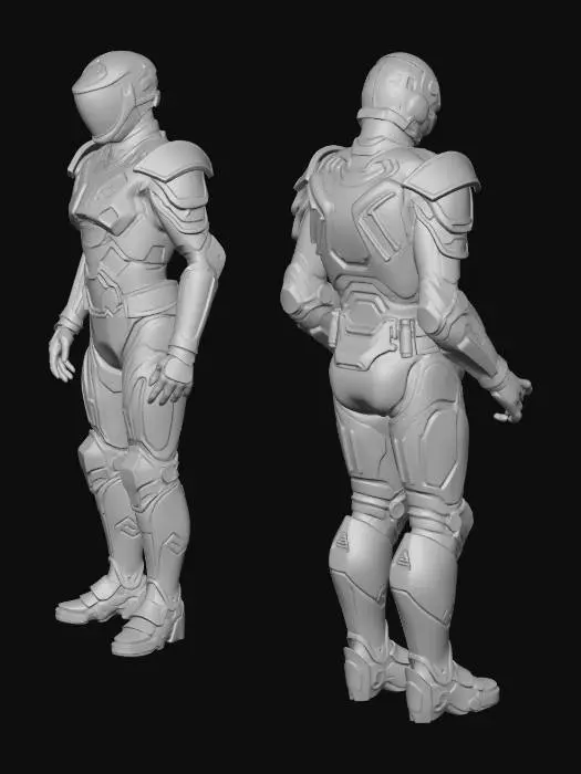 3D model for A futuristic, lightweight modular exosuit armor, meticulously crafted from sleek black composite plates with reflective PBR materials, displaying clean hard-surface contours and subtle bevels. The ergonomic, body-fitted design features polished sci-fi styling, including forearm bracers with distinct yellow, red, and white inset accents, layered shoulder plates, aerodynamic thigh guards, and reinforced shin armor, exuding a crisp, high-tech mechanical aesthetic.