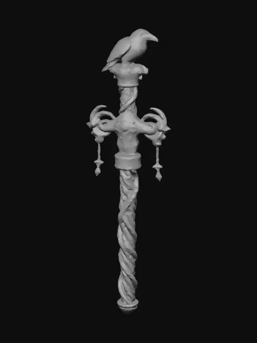 3D model for A tall ancient wizard staff inspired by Celtic mythology, crafted from dark twisted oak wood with intricate Celtic knot carvings spiraling along the shaft, polished silver PBR metal accents woven into the design, glowing runic engravings, crowned with a detailed black raven perched on top with claws extended and wings slightly spread, ornate silver claw fittings holding glowing gemstones, mystical crystal accents, elegant fantasy aesthetic, weathered magical wood texture, realistic metallic reflections, subtle blue magical glow, highly detailed, cinematic fantasy lighting, realistic materials, game-ready 3D model, isolated object, high fantasy style