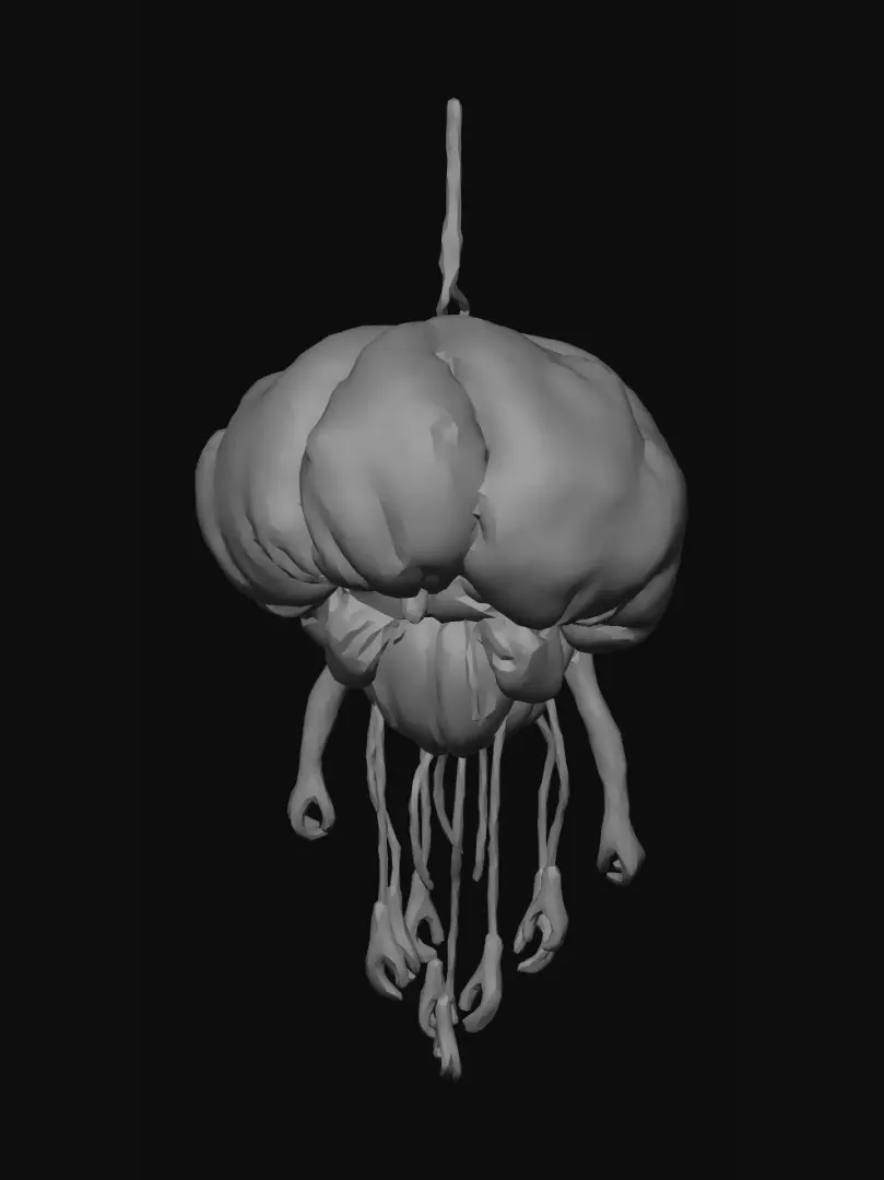 3D model for loating organic creature made of stitched flesh balloons and dangling wires, tiny porcelain hands, blinking eyes hidden under folds, wobbling physics, unsettling but whimsical, soft horror aesthetic, cinematic lighting, animated breathing and twitching, highly stylized surreal monster