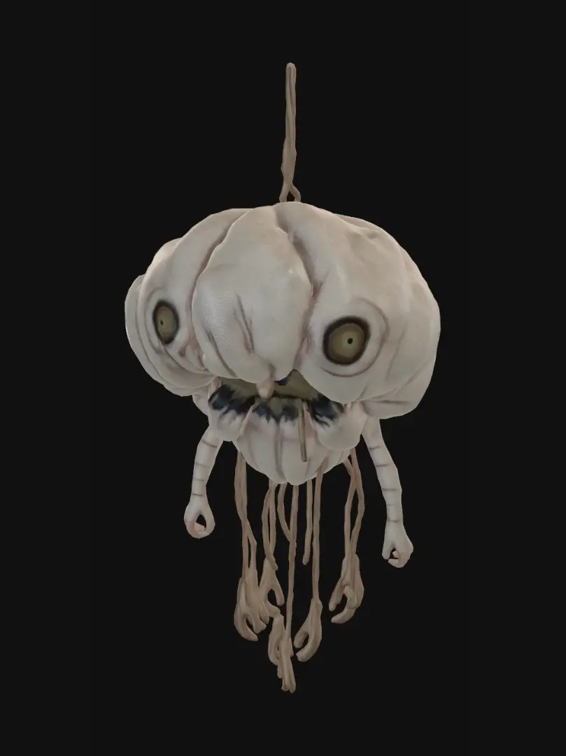 3D model for loating organic creature made of stitched flesh balloons and dangling wires, tiny porcelain hands, blinking eyes hidden under folds, wobbling physics, unsettling but whimsical, soft horror aesthetic, cinematic lighting, animated breathing and twitching, highly stylized surreal monster