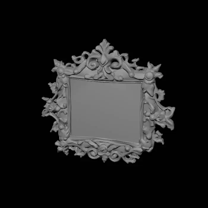 3D model for A richly detailed ornate fantasy picture frame, baroque-inspired with intricate carved filigree and layered decorative flourishes, covered in embedded gemstones and precious metals. The frame is crafted from aged gold with silver accents, encrusted with emeralds, rubies, sapphires, amethysts, black opals, and diamonds that catch and reflect light dramatically. Elegant curling vines, tiny roses, and celestial motifs are sculpted into the metalwork. Luxurious high-poly 3D game asset, symmetrical design, realistic materials, ultra-detailed craftsmanship, clean topology, centered object on neutral background, cinematic lighting, fantasy RPG aesthetic, magical royal treasure appearance, highly polished jewels, subtle wear for realism, suitable for Second Life or virtual world decor, PBR texture
