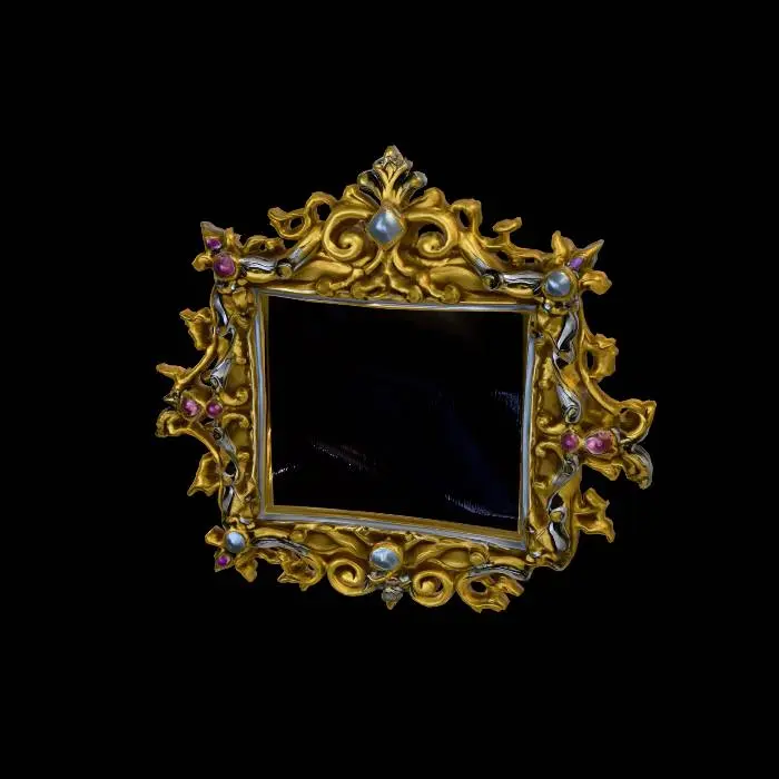 3D model for A richly detailed ornate fantasy picture frame, baroque-inspired with intricate carved filigree and layered decorative flourishes, covered in embedded gemstones and precious metals. The frame is crafted from aged gold with silver accents, encrusted with emeralds, rubies, sapphires, amethysts, black opals, and diamonds that catch and reflect light dramatically. Elegant curling vines, tiny roses, and celestial motifs are sculpted into the metalwork. Luxurious high-poly 3D game asset, symmetrical design, realistic materials, ultra-detailed craftsmanship, clean topology, centered object on neutral background, cinematic lighting, fantasy RPG aesthetic, magical royal treasure appearance, highly polished jewels, subtle wear for realism, suitable for Second Life or virtual world decor, PBR texture
