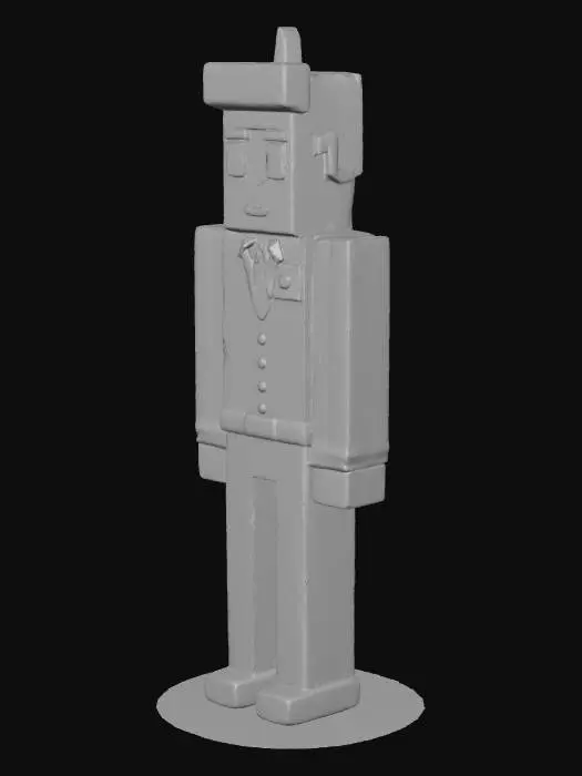 3D model for A low-poly 3D model of a pixel-art style male human character, presented in a simplified, blocky form. The character wears a dark blue, one-piece uniform with a subtle darker blue band around the waist. He has light skin, short brown hair, and black rectangular eyes, rendered with flat, solid colors. The overall geometry is clean, without intricate details, capturing the essence of classic 8-bit or 16-bit pixel graphics in a three-dimensional, game-ready asset, suitable for a retro-themed game.
