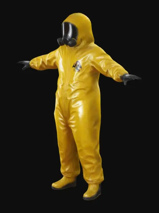 3D model for the backrooms yellow shiny hazmat suit , biohazard suit, Ultra Realistic, Highly Detailed, T-pose, Full Body, Symmetrical Body, #realistic#