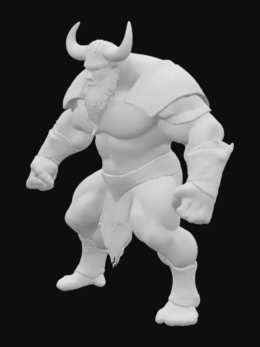 3D model for muscular albino minotaur with light brown eyes, big white horns, white hair, white beard, in bronze armour, with fist closed, in t-pose.