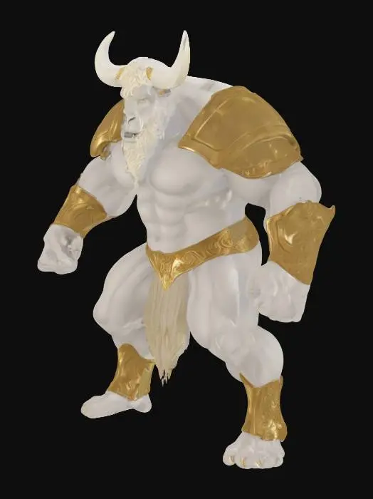 3D model for muscular albino minotaur with light brown eyes, big white horns, white hair, white beard, in bronze armour, with fist closed, in t-pose.