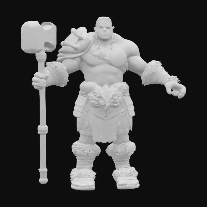 3D model for armoured muscular orc holding a war hammer and standing in a T-pose