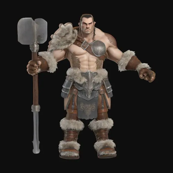 3D model for armoured muscular orc holding a war hammer and standing in a T-pose