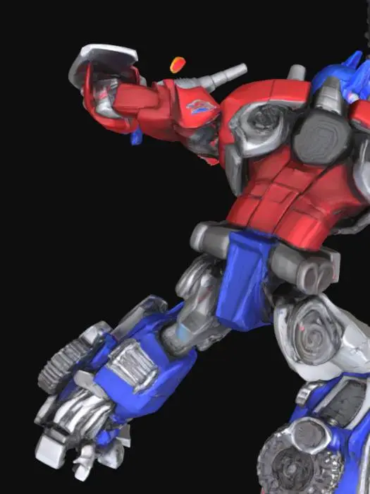 3D model for Create a highly detailed 3D model of Optimus Prime from Transformers. The model should feature intricate mechanical parts, metallic textures, and iconic red, blue, and silver color schemes. Include detailed armor plating, glowing blue optics, and complex robotic joints. The design should be a blend of futuristic and battle-worn aesthetics, with visible gears, pistons, and mechanical components. Pose Optimus Prime in a heroic stance, holding his iconic energy sword and shield. Ensure high realism suitable for animation or rendering in CGI movies.