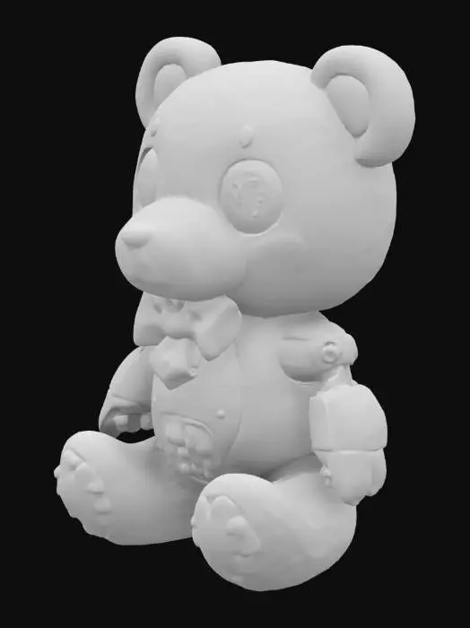 3D model for #game figure#, 
C1-NDY: Un robot a forma di orsetto costruito con peluche sintetico e imbottitura in fibra di silicone. Il suo fiocco rosa è un sensore di umore che cambia colore in base alle sue emozioni. I suoi occhi scintillanti sono proiettori olografici che mostrano immagini e video. Il suo scomparto per i dolci è un vano riscaldato che mantiene i dolci sempre caldi e morbidi.