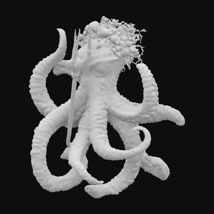 3D model for Kraken, il Signore degli Abissi: Kraken è u, #game figure#, na creatura tentacolare, con un corpo fatto di squame nere e occhi gialli luminescenti. I suoi tentacoli sono lunghi e potenti, e possono stritolare qualsiasi cosa. Porta una corona di conchiglie e alghe, e un tridente che controlla le maree. La sua voce è un ruggito profondo, che fa tremare le acque.