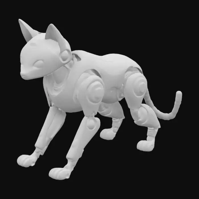 3D model for #game figure#, 
L3I-LA: Un robot a forma di gatto con un esoscheletro in fibra di carbonio leggero e resistente. Le sue orecchie a punta sono antenne che captano segnali radio e le permettono di comunicare con altri robot. La sua coda, composta da segmenti flessibili e giunti motorizzati, si muove in modo espressivo, rivelando il suo umore. Ha sensori tattili sulle zampe che le permettono di percepire le superfici e i tessuti.