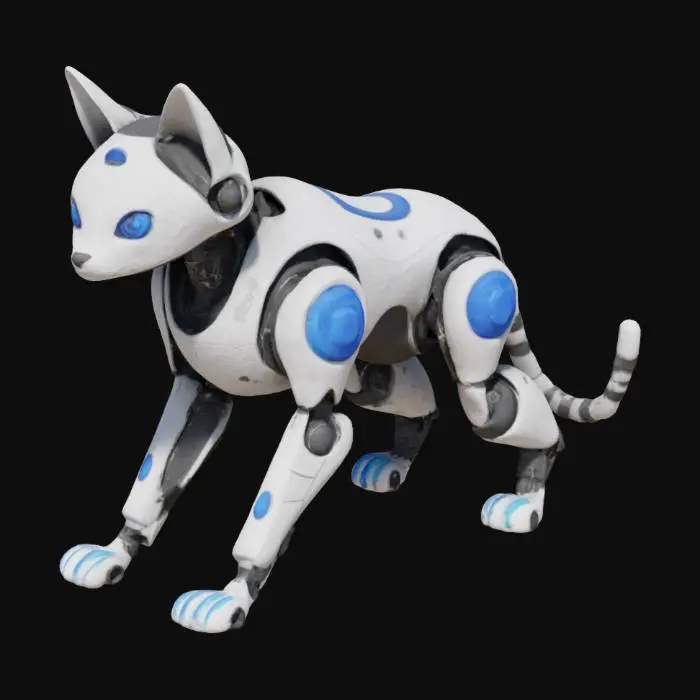 3D model for #game figure#, 
L3I-LA: Un robot a forma di gatto con un esoscheletro in fibra di carbonio leggero e resistente. Le sue orecchie a punta sono antenne che captano segnali radio e le permettono di comunicare con altri robot. La sua coda, composta da segmenti flessibili e giunti motorizzati, si muove in modo espressivo, rivelando il suo umore. Ha sensori tattili sulle zampe che le permettono di percepire le superfici e i tessuti.