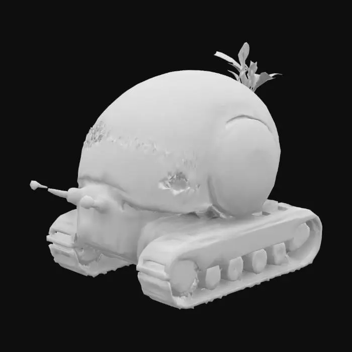 3D model for #game figure#, 
Z0-E: Un robot a forma di lumaca con un guscio costruito con pannelli di vetro temperato e luci LED multicolore. Il suo corpo è composto da un sistema di cingoli che gli permettono di muoversi lentamente ma con precisione. Ha sensori ambientali che analizzano la qualità dell'aria e del suolo. Il suo giardino nel guscio è un ecosistema miniaturizzato che ospita piante esotiche.