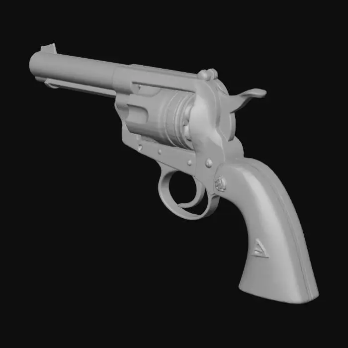 3D model for A realistic, medium-poly 3D model of a vintage Nagant M1895 revolver, precisely optimized to 5000 triangles and 5000 faces. The model features detailed PBR textures directly sampled from the image, showcasing the worn, blued steel finish with visible scratches, pitting, and areas of exposed, silvery metal. The grip panels replicate the image's dark, textured, and slightly distressed wooden appearance, complete with a realistic lanyard loop.