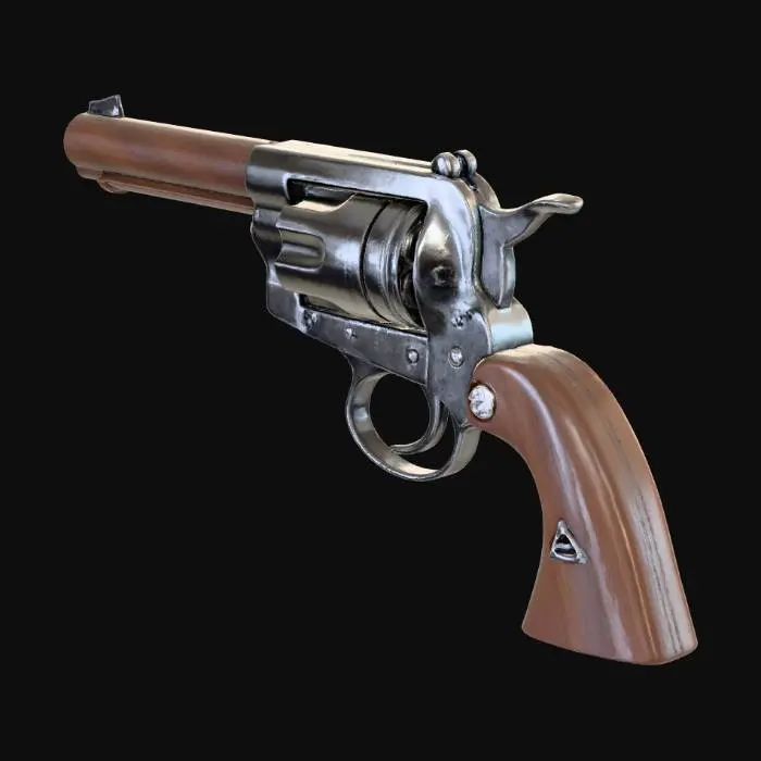 3D model for A realistic, medium-poly 3D model of a vintage Nagant M1895 revolver, precisely optimized to 5000 triangles and 5000 faces. The model features detailed PBR textures directly sampled from the image, showcasing the worn, blued steel finish with visible scratches, pitting, and areas of exposed, silvery metal. The grip panels replicate the image's dark, textured, and slightly distressed wooden appearance, complete with a realistic lanyard loop.