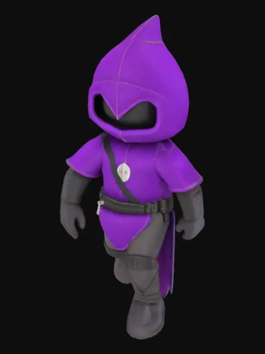 3D model for Cute man knight, full body, A-Pose, handcrafted stitched tight felt and leather, a bright purple fanny-pack, symmetric pose, fresh appearance, big cute helmet, ultra realistic, highly detailed, best quality, stylized for the 90's cartoon feel. 