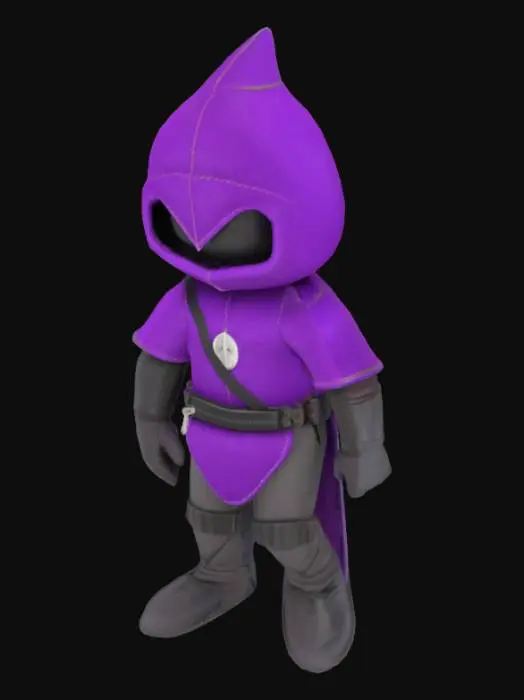 3D model for Cute man knight, full body, A-Pose, handcrafted stitched tight felt and leather, a bright purple fanny-pack, symmetric pose, fresh appearance, big cute helmet, ultra realistic, highly detailed, best quality, stylized for the 90's cartoon feel. 