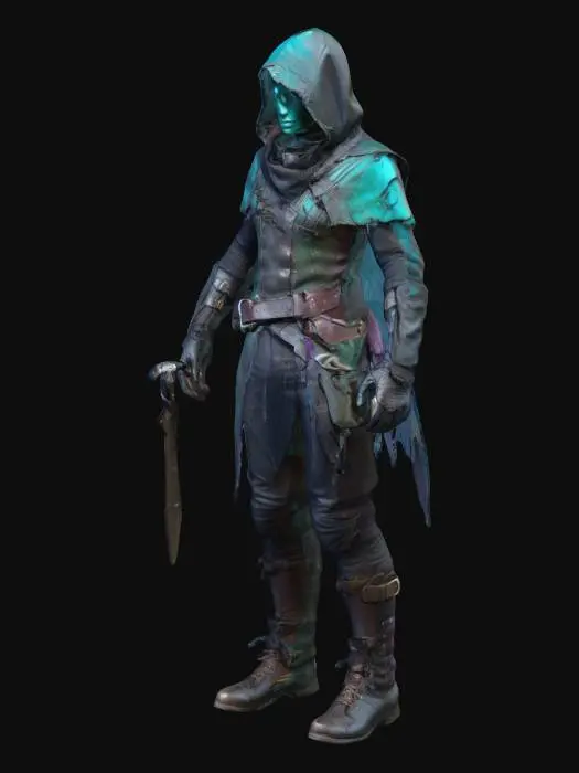 3D model for a warlock/rogue hybrid. Humanoid, lean athletic build, stealthy silhouette. Deep hood and torn, weather-beaten cloak with frayed edges, patchwork stitching, and ripped hems. Face mostly hidden; faint violet/teal glowing eyes under the hood. Worn layered leather armor, asymmetrical shoulder pad, chest harness, multiple belts, pouches, and dangling cloth strips. Forearms wrapped in dirty rune-stitched bandages and cracked bracers. Fingerless gloves, scuffed boots. Weapon: curved dagger engraved with occult runes; optional second small blade or cursed talisman on a chain. Add bone charms, vials, battered spellbook. Subtle shadow-smoke wisps from cloak seams and around hands (minimal). Full body, clean readable forms Neutral A-pose PBR-ready