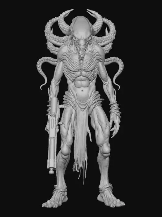 3D model for lovecraftian monster with mechanical gun built into its body horror biological form, tentacles, guns, cyberpunk, monster