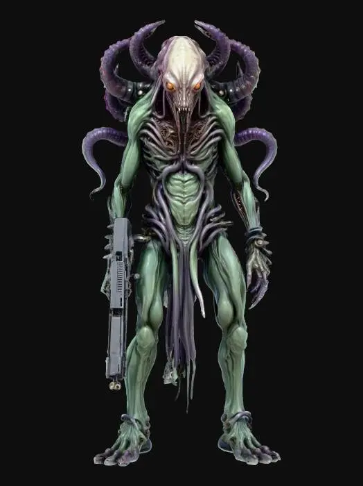 3D model for lovecraftian monster with mechanical gun built into its body horror biological form, tentacles, guns, cyberpunk, monster