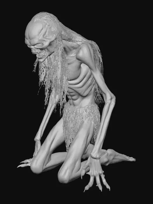 3D model for WENDIGO MONSTER, boney, thin, starving, create kneeling down, mouth gaping, elongated limbs, claw like hands,