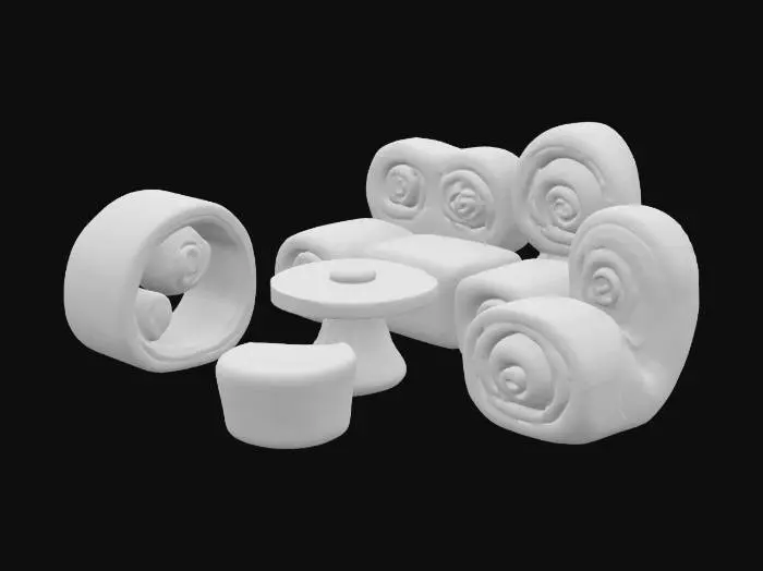 3D model for wooden or fungal furniture, Smurfs-inspired details like spiral patterns. In the style of hand-crafted, 1998-era 3D-rendered look, charming 

