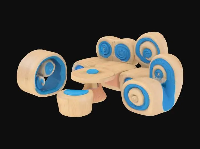 3D model for wooden or fungal furniture, Smurfs-inspired details like spiral patterns. In the style of hand-crafted, 1998-era 3D-rendered look, charming 

