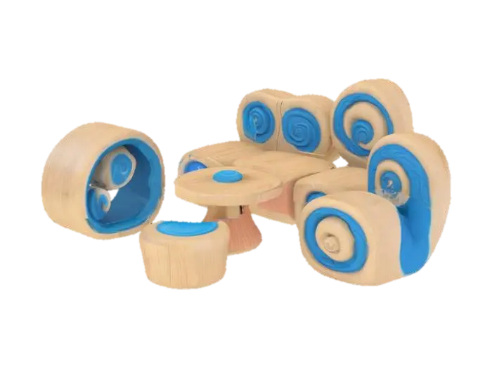 wooden or fungal furniture, Smurfs-inspired details like spiral patterns. In the… 3D model, vytvořený pomocí AI