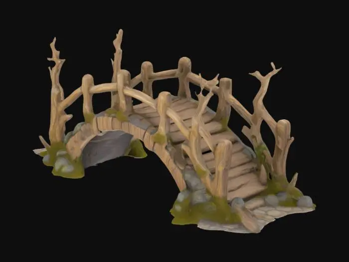 3D model for A charming, hand-crafted arched bridge, sculpted from what appears to be aged, gnarled wood, subtly integrated with organic, fungal-like formations. Its sturdy handrails feature prominent, deeply carved spiral patterns that flow across the surface, giving it a whimsical, rustic appeal. The texture is intentionally low-polygon and somewhat blocky, characteristic of a 1998-era 3D render, with a matte, slightly worn finish. Colors are earthy, muted browns and subtle, mossy greens, creating a cozy and artfully unrefined aesthetic.