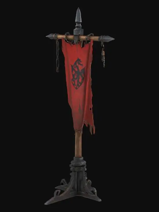 3D model for A stylized medieval war banner stand with a rugged, battle-worn design. The structure consists of a thick wooden post reinforced with jagged black metal plates and spikes. A tattered red banner with a dark emblem hangs from a sturdy wooden crossbeam, secured by heavy metal chains. The base is reinforced with sharp, uneven black metal, giving it a brutal, fortress-like appearance. The overall design is dark, powerful, and fitting for a fantasy or war-torn setting.