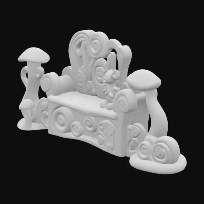 3D model for wooden or fungal furniture, Smurfs-inspired details like spiral patterns. In the style of hand-crafted, 1998-era 3D-rendered look, charming 

