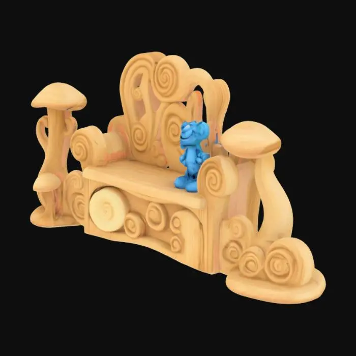 3D model for wooden or fungal furniture, Smurfs-inspired details like spiral patterns. In the style of hand-crafted, 1998-era 3D-rendered look, charming 


