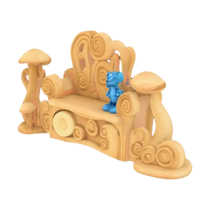 wooden or fungal furniture, Smurfs-inspired details like spiral patterns. In the… 3D model, vytvořený pomocí AI