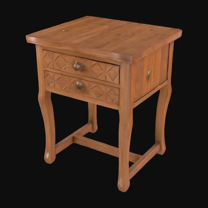 3D model for A wooden side table with a rectangular shape, featuring intricate carved drawer details and a smooth, polished texture.
