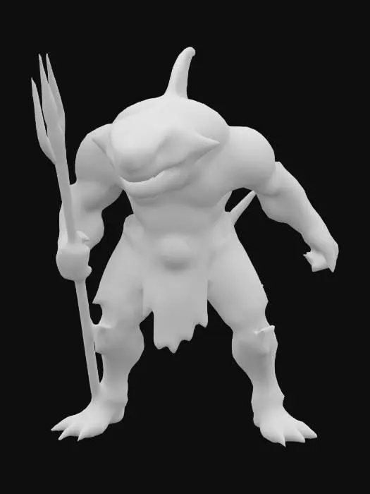 3D model for humanoid shark, realistic, detailed, wearing medium armor, holding a trident, evil aura