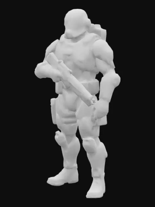 3D model for Un soldado de España del futuro 
con un casco con un gran visor, un rifle de asalto con un cargador largo, que contenga cargadores en sus piernas a los laterales, en la cintura y en el pecho. La armadura tiene que ser de placas y ser futurista. Tendrá que llevar un camuflaje con tonos grises, blancos y negros. El rifle de asalto tiene que estar más recto y no puede estar doblado o estirado ningún componente del rifle de asalto. La armadura tiene que ser muy sólida sin arrugas en las placas y que el visor ocupe casi toda la cara del soldado