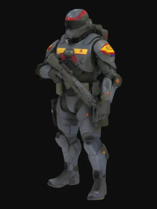 3D model for Un soldado de España del futuro 
con un casco con un gran visor, un rifle de asalto con un cargador largo, que contenga cargadores en sus piernas a los laterales, en la cintura y en el pecho. La armadura tiene que ser de placas y ser futurista. Tendrá que llevar un camuflaje con tonos grises, blancos y negros. El rifle de asalto tiene que estar más recto y no puede estar doblado o estirado ningún componente del rifle de asalto. La armadura tiene que ser muy sólida sin arrugas en las placas y que el visor ocupe casi toda la cara del soldado