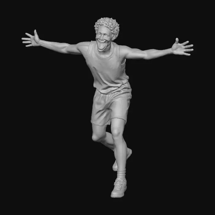 3D model for 30岁， 男性，短发，短袖，欢呼呐喊，头部转动45°，雕刻效果，写实人物，细节丰富。切记不要卡通 ，需要写实效果。