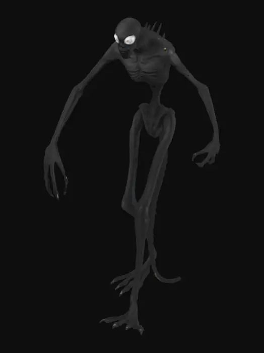 3D model for je veux en grand mosre resenblent a un humain tres fin est noir avec des yeu blanc
