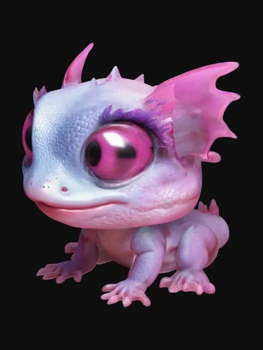 3D model for very cute female pink gecko wearing lipstick,long curly eyelashes and heart iris  pixar style , high definition 8k