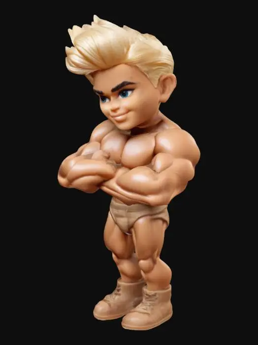 3D model for buff muscular ken doll for Barbie. flirty pose. Chibi art style. Highly stylized. Bold embossed and engraved detail. Well-defined edges. 2mm Chunky sculpted detail. High resolution.