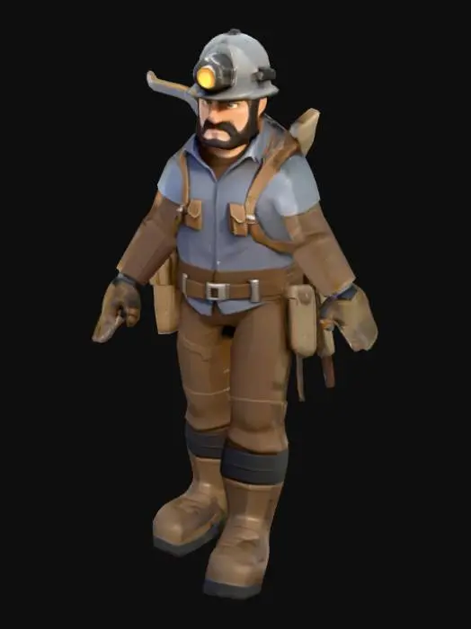 3D model for Low-poly human miner character, male, stylized, wearing helmet with headlamp, gloves, boots, and backpack. Character is in neutral T-pose, holding a separate pickaxe prop (not fused to body). Clean topology, UV mapped, game-ready, riggable. No background.