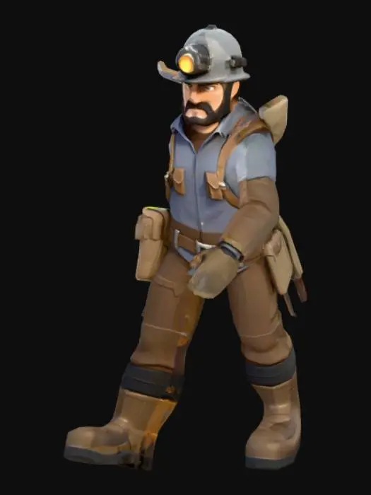 3D model for Low-poly human miner character, male, stylized, wearing helmet with headlamp, gloves, boots, and backpack. Character is in neutral T-pose, holding a separate pickaxe prop (not fused to body). Clean topology, UV mapped, game-ready, riggable. No background.