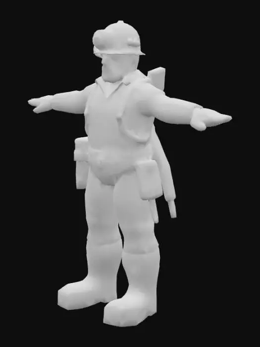 3D model for Low-poly human miner character, male, stylized, wearing helmet with headlamp, gloves, boots, and backpack. Character is in neutral T-pose, holding a separate pickaxe prop (not fused to body). Clean topology, UV mapped, game-ready, riggable. No background.